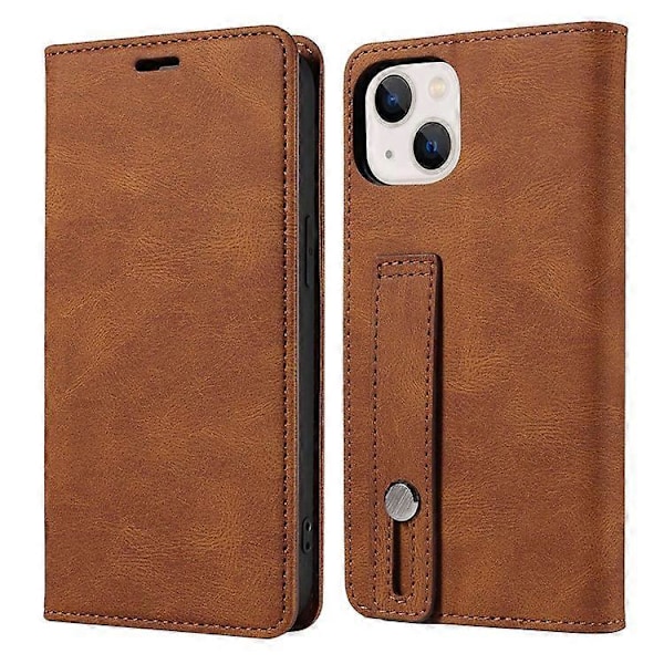 Kompatibelt för iPhone 13 6.1 tum Anti-fall Flip Fodral med Kortfack Magnetiskt PU Läder Plånboksfodral med Ställ och Handledsrem Brown