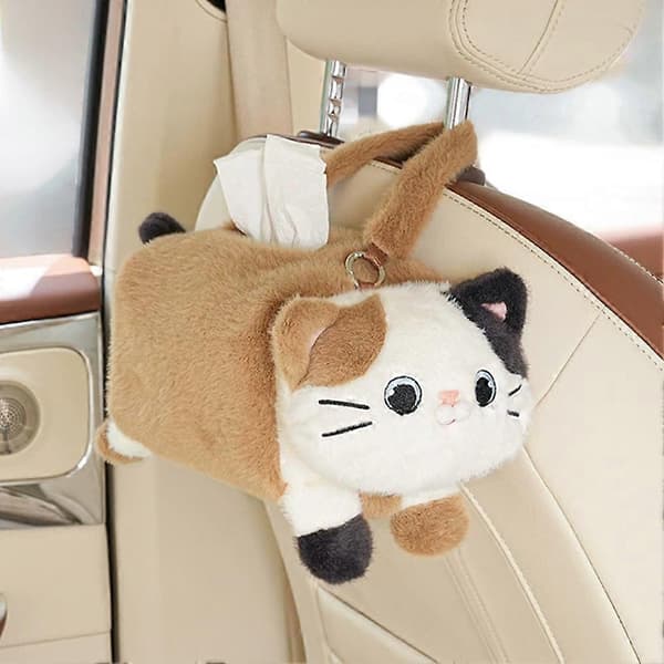 Cute Car Tissue Holder Plush Kitten Paper Box with Headrest Hook C