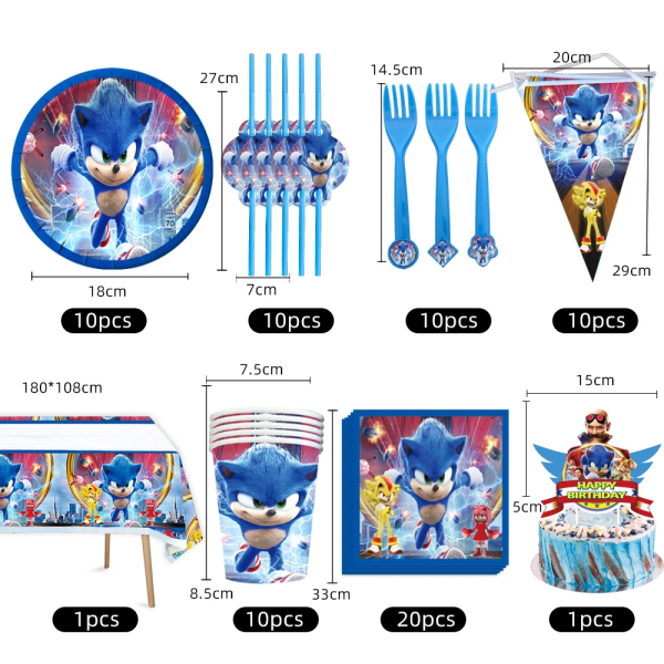 Uusi sarjakuva Sonic Juhlatarvikkeita Poikien syntymäpäiväjuhliin Kertakäyttöiset set Paperilautasella Kupit Lautasliinat Baby shower 10pcs Straw
