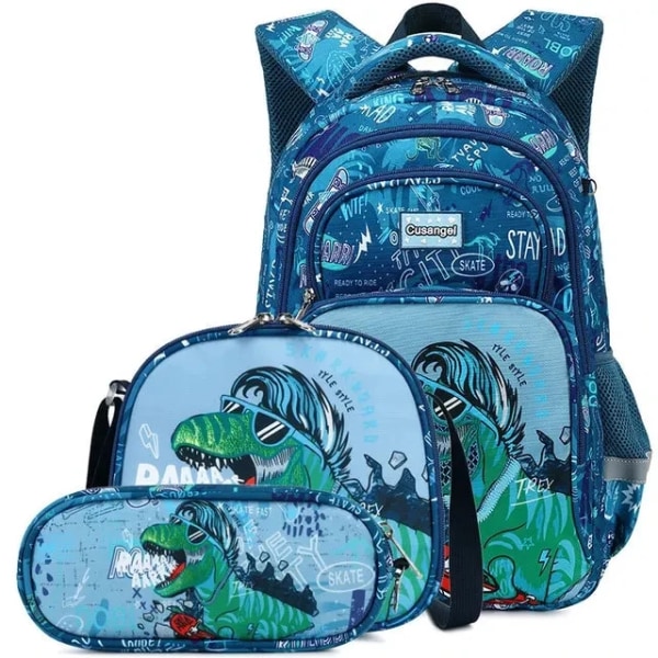 Dinosaurie Ryggsäcksset för Pojkar med Lunchlåda Pennfodral Flickor Skolväska Barn Lågstadie Förskola Tecknad Skolväska Dinosaur 3pcs