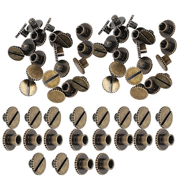 30 Set Boknitar Räfflade Platt Mässing Läderbindningsknapp Spik 9,5x6mm Skruv 4mm (Brons)