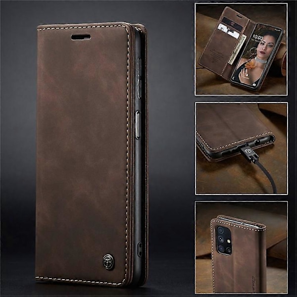 CASEME 013 Serien Magnetiskt Smartphone-Skal Kompatibelt För Samsung Galaxy M51, PU Läder Plånbok Vikbart Ställ Telefonfodral Espresso