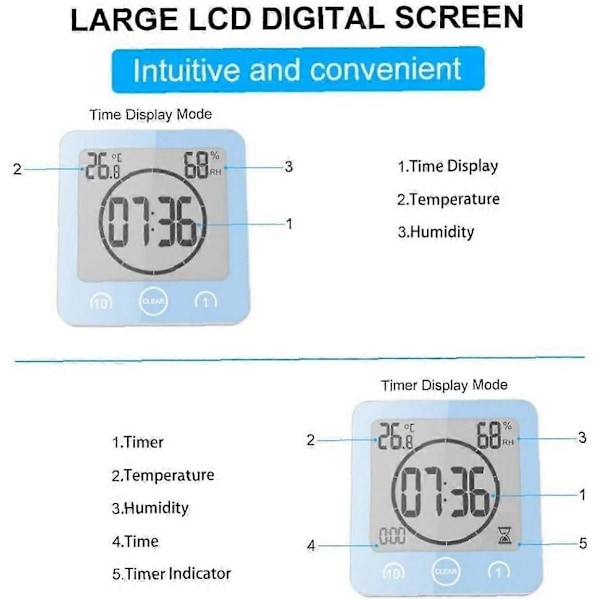 Digital LCD-skjerm Digital Vanntett Sprutsikker Baderomsveggklokke Dusjklokke Temperaturtimer