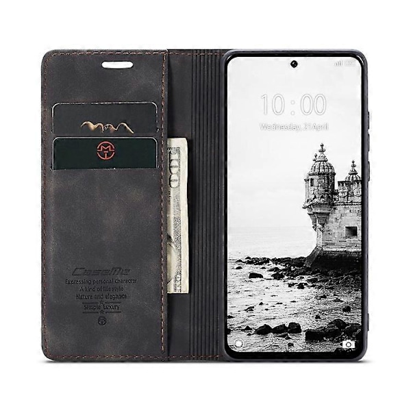 CASEME 013 Serien Kompatibel För Xiaomi Redmi 13 5G / 13 4G / Redmi Note 13R 5G Fodral Kort Hållare Ställ Läder Telefonskal Black