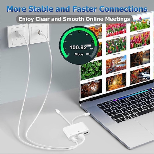 RJ45 Ethernet Adapter Netværksadapter, med opladningsport og USB-port, Plug and Play, 100 Mbps Ethernet