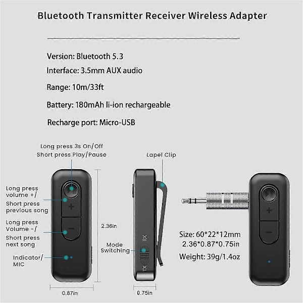 Bluetooth Ljudadapter, Bluetooth Ljudsändare Mottagare Adapter