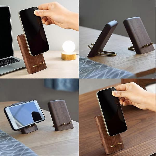 Smartphoneholder i sort valnøddetræ, bordholder i træ, messingstativ