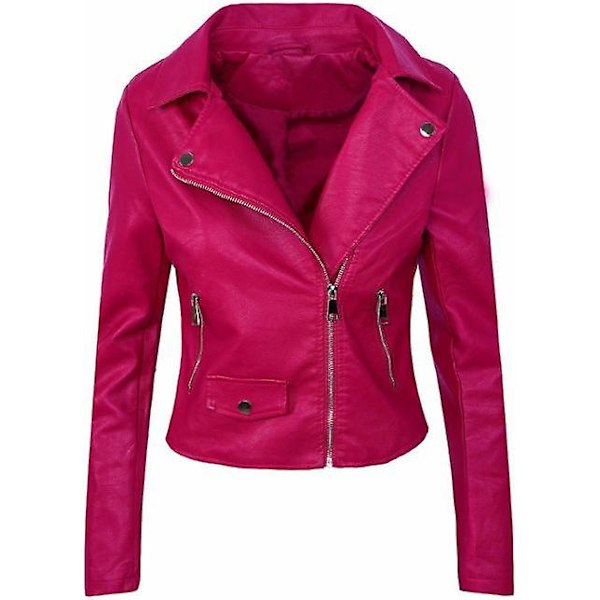 Dame Mode Langærmet Reverskrave Casual Formel Læderjakke rose Red L