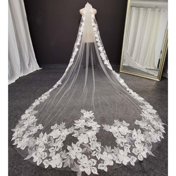Vacker bröllopsklänning i blommig spets 3m 1 lager mjuk tyll katedrallång elfenbensfärgad brudslöja White 300cm