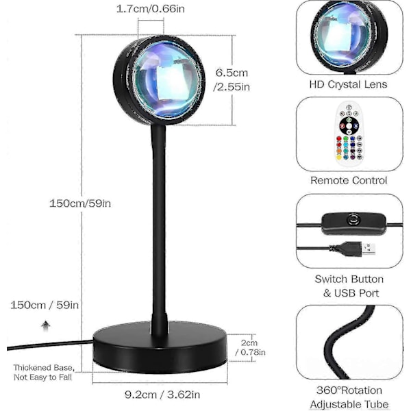 Solnedgangsprojektorlampe, 16 Farver Solnedgangsprojektorlampe Flere Farver Med Fjernbetjening, 360 Graders Rotation Led Solnedgangsprojektorlampe Natlampe Med Fad