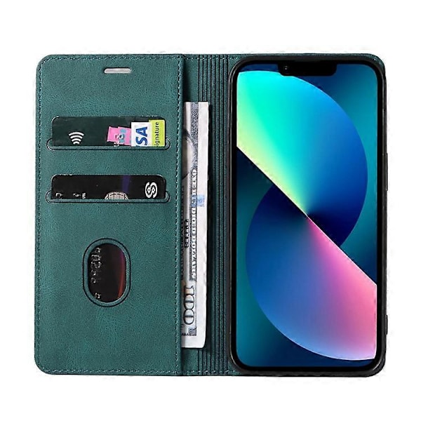 Kompatibelt för iPhone 13 6.1 tum Anti-fall Flip Fodral med Kortfack Magnetiskt PU Läder Plånboksfodral med Ställ och Handledsrem Green