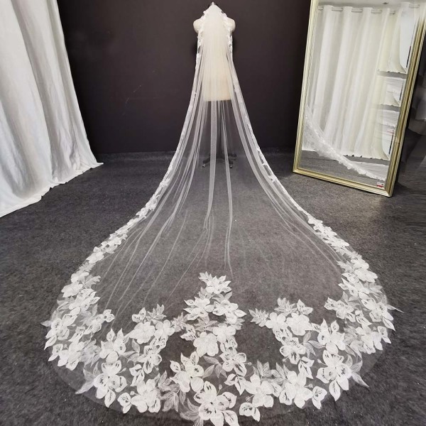 Vacker blommig spetsbröllopsklänning 3m 1-lagers mjuk tyll katedral elfenben brudslöja Ivory 300cm