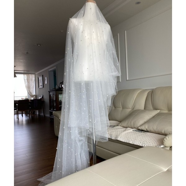 Yksikerroksinen harjaton helmillä koristeltu morsiusverho hääverho valkoinen/norsunluu/samppanja White No Comb 250cm