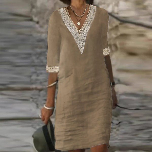 Dame Vintage Mini Kjole Sommer Mote Ensfarget V-hals Løs Knytekjole EA06132-Khaki XL