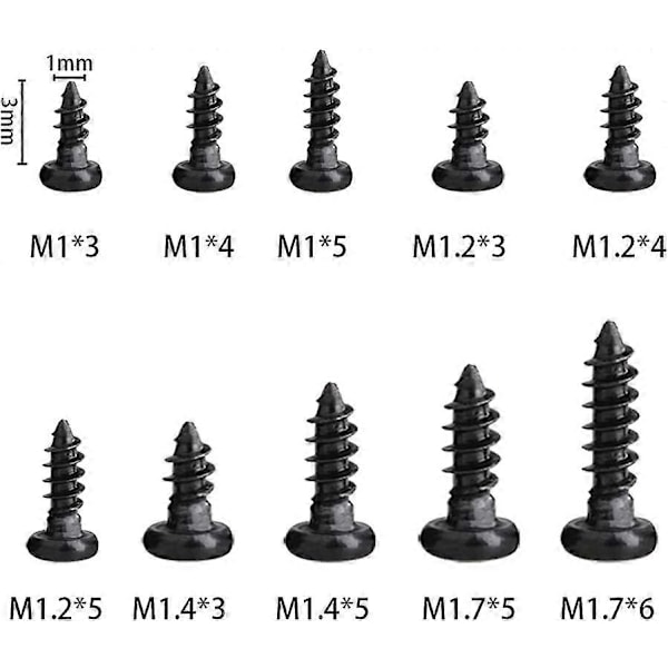 1000 kpl Pyöreäpäinen Itsekierteittävä Phillips Mini Puuruuvi Miniruuvit M1 M1.2 M1.4 M1.7 Phillips Puuruuvisarja Muovilaatikolla - Musta