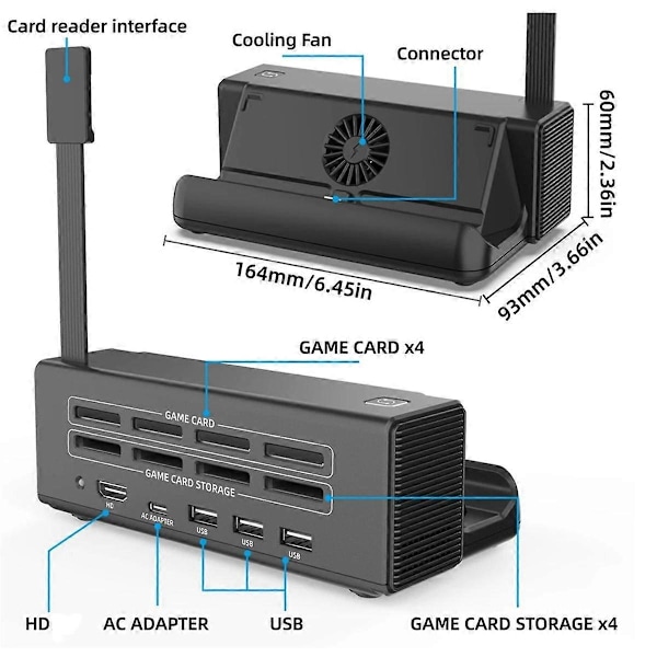 Dockningsstation för /OLED TV USB-C Spelkortsförvaring med USB2.0x2+USB3.0+PD Snabbladdning+Kylfläkt