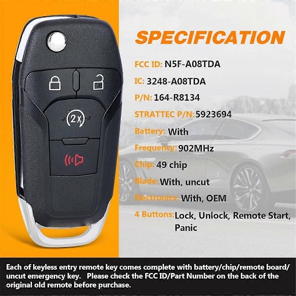 Auton avaimen kaukosäädin 4 painiketta Smart Key 902MHz N5F-A08TDA 49 siru F250 F450 F550