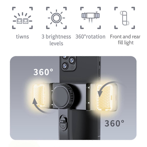 Trådløs Bluetooth Selfie Stick Dobbelt Fyldlys Stabilisator Anti Shake Multifunktionel Telefonholder