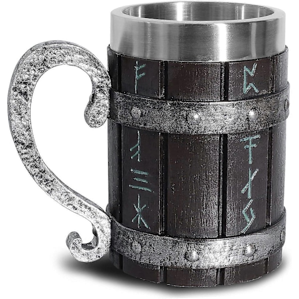 Nordisk Eik Tre Ølkrus med Rustfritt Stålforing, Norrøne Vikingruner Design, for Menn og Farsdag, 550ml