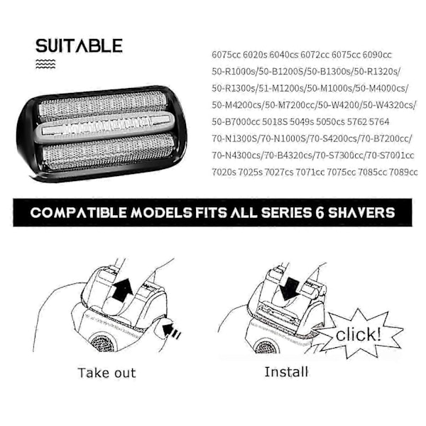 Series 6 Udskiftningshoved - 64B Kompatibel med Braun Series 6 Elektriske barbermaskiner, 64B til Braun S6