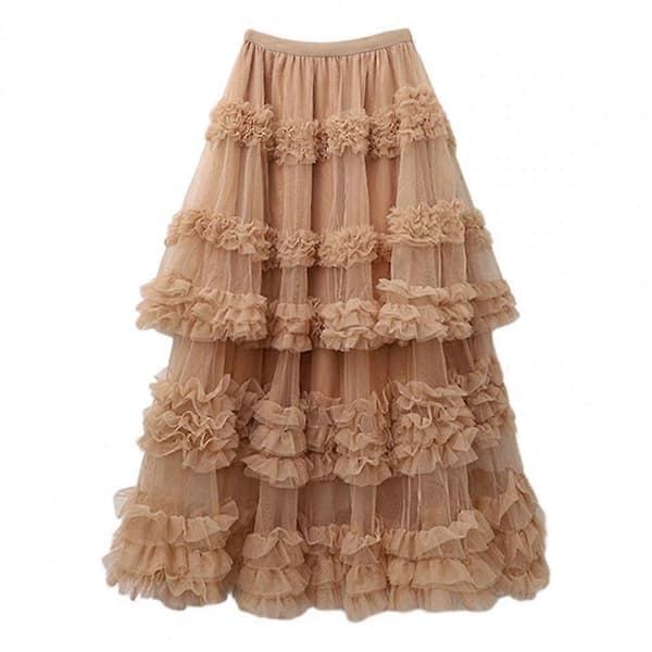 Vintage Tyllkjol Elastisk Hög Midja Mesh Plisserade Kjolar Sommar Elegant Khaki One Size