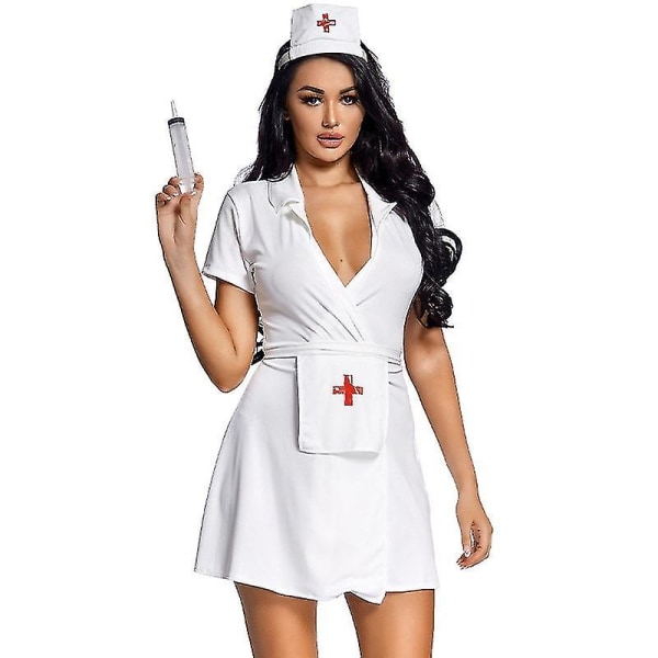 Valkoinen naisten seksikäs alusvaatteet sairaanhoitajan puku Cosplay univormu Clubwear mekko kylpytakki yöpuvut S