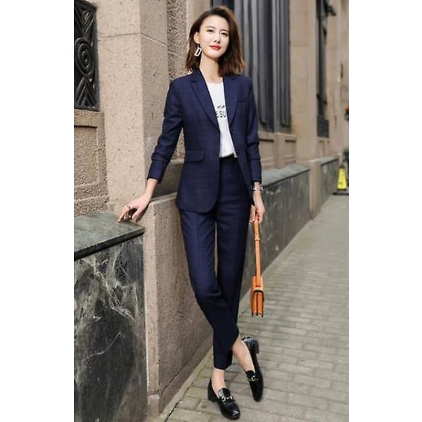 Rutete dresser dame Higt Eed formelt intervju business slank blazer og bukser kontordamer mote arbeidsklær Navy coat and pants 4XL