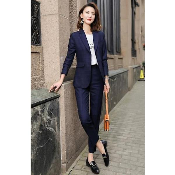 Rutiga Kostymer Dam Hög Eed Formell Intervju Business Slim Blazer Och Byxor Kontorsdamer Mode Arbetskläder Navy coat and pants 4XL