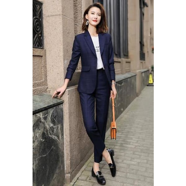 Ruutupuvut Naisten Higt Eed Muodollinen haastattelu Business Slim Blazer Ja Housut Toimisto Naisten Muoti Työvaatteet Navy coat and pants XL