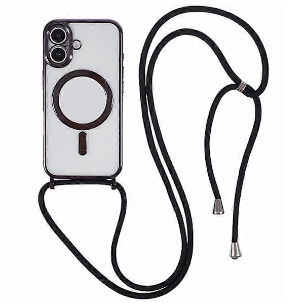 Kompatibel iPhone 16 Case Kompatibel med MagSafe Elektroplettering TPU Mobiltelefonbeskytter med Lang Snøre Black