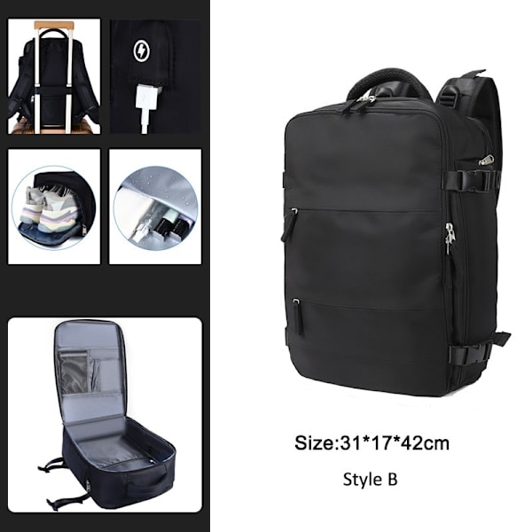 Infällbar Reseryggsäck Unisex Laptopväska Dam Stor Duffelväska Herr Student Affärsresa USB-laddning Black Style B