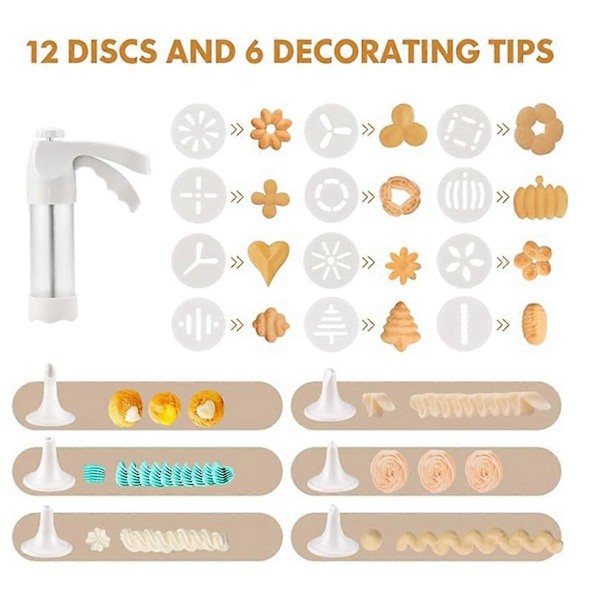 Kakpress-kit för DIY-kexmakare och dekor med 12 matlagningsdekorationsskivor och 6 trattformade spritsar