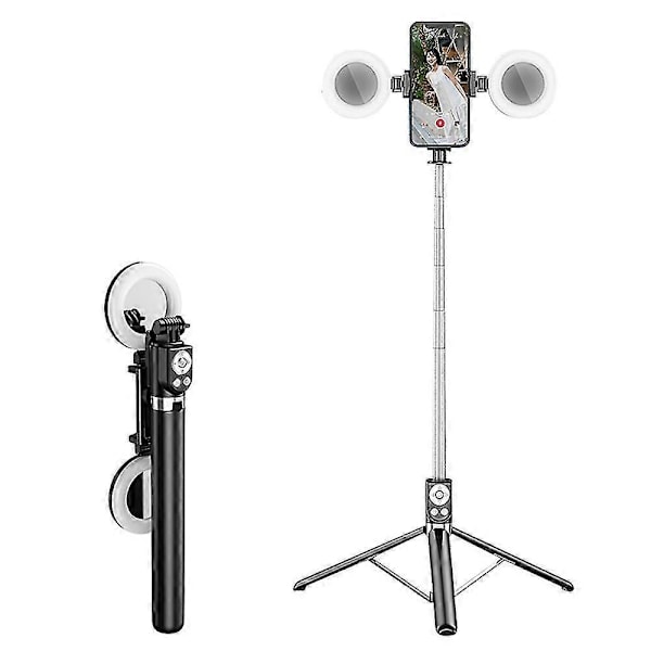 R17DS 1,75 m Bærbar Bluetooth Selfie Stick Udtrækkeligt Tripod Telefonstativ med Dobbelte Udfyldningslys 360 Black