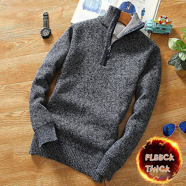 Vinter Herr Fleece Tjockare Tröja Halv Dragkedja Polokrage Varm Pullover Kvalitet Man Slim Stickade Ylletröjor För Våren Blue M