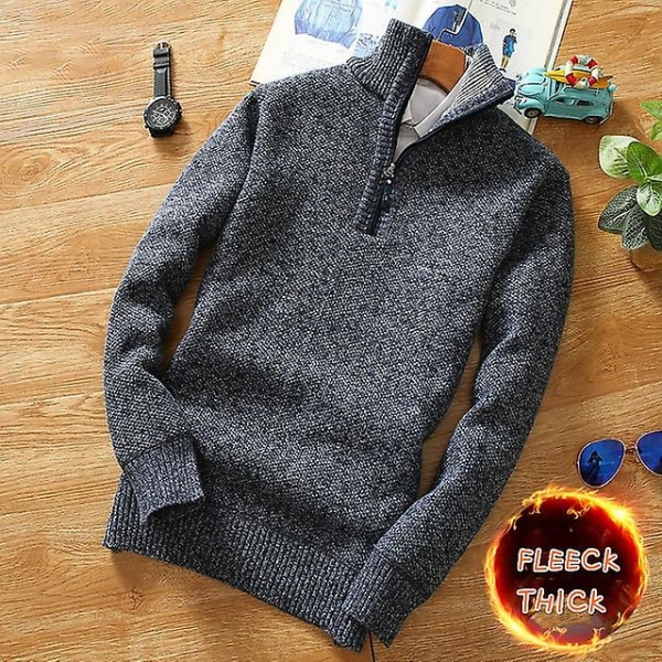 Vinter Herr Fleece Tjockare Tröja Halv Dragkedja Polokrage Varm Pullover Kvalitet Man Slim Stickade Ylletröjor För Våren Blue XXXL