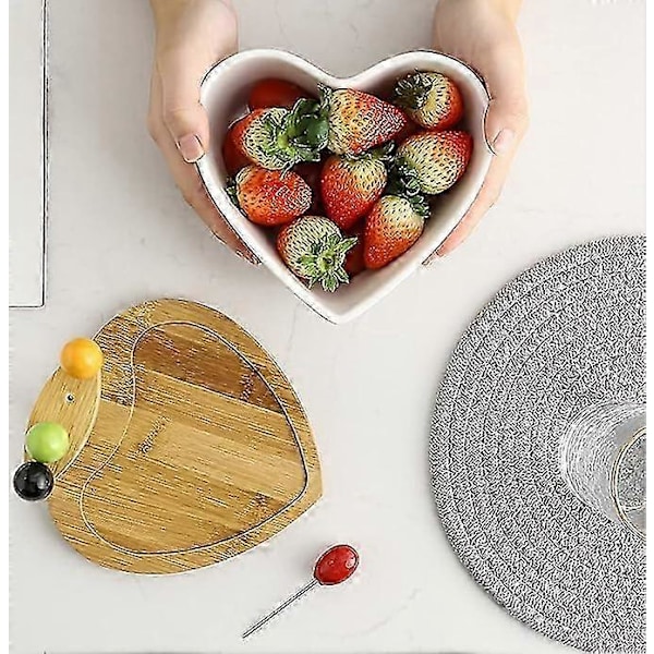 Hjärtformad Keramikskål Salladsskål Dessertskål Snacksål med Bas med 4 Fruktgafflar Sallad Serveringsskål Snacks Fruktfat Snacksfat Kökspresent