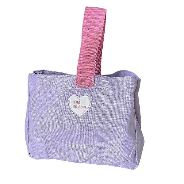 Bento Bag Hjerte Bokstav Broderi Mønster Innerlomme Oppbevaring Knapp Bærbar Matboks Bag Lilla
