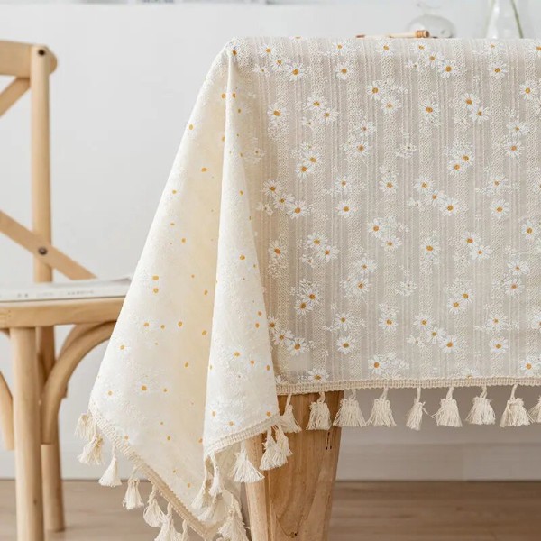 Korealaistyylinen pieni päivänkakkara puuvillainen kukkapöytäliina, teepöydän koristelu, suorakaiteen muotoinen pöydän cover keittiön hääruokasaliin Golden Daisy Tassels 140X200cm