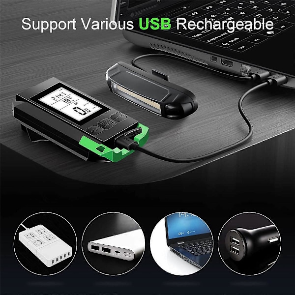 4 i 1 Cykellygte med LCD-display Speedometer og Horn USB Genopladelig Cykelcomputer til O