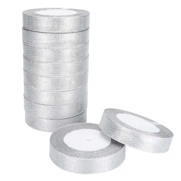 10 Ruller Glitter Satengbånd Polyester Gaveinnpakning Bryllupsdekorasjon Festutstyr Sølv