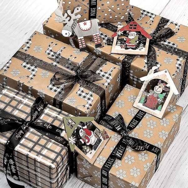 Juleinnpakningspapir, kraftpapir hjort, snøfnugg og rutete stildesign