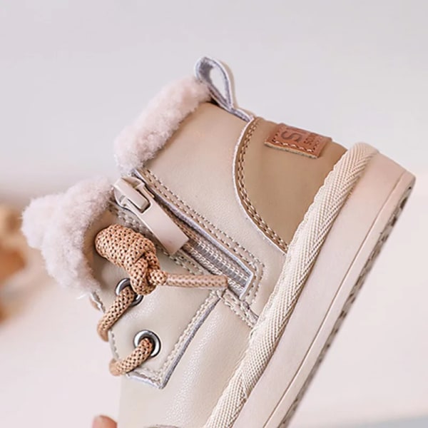 2023 Nye Vinter Baby Støvler Til Drenge Læder Varme Plys Små Piger Sko Vandtætte Skridsikre Mode Småbørn Børn Snestøvler beige 19(insole 12.5 cm)