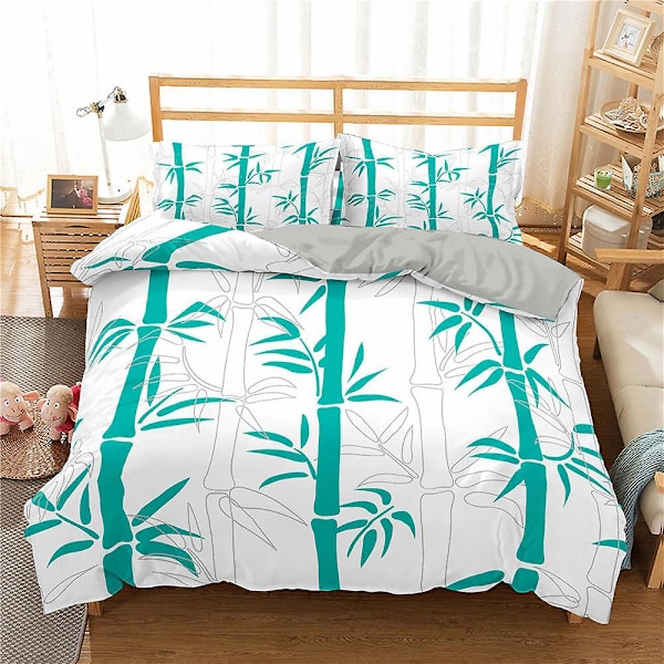 Bäddset med påslakan i bambu, King/Queen size, grönt bambublad och grenmönster, mjukt 2/3-delars täcke i polyester