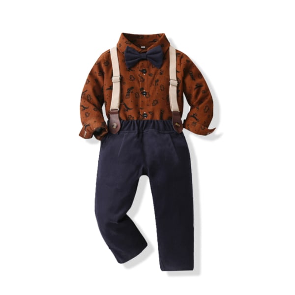 Barneklær til jul, nye gutter rutete langermet jakkeslag bomull cardigan overalls feriedress Brown 120cm
