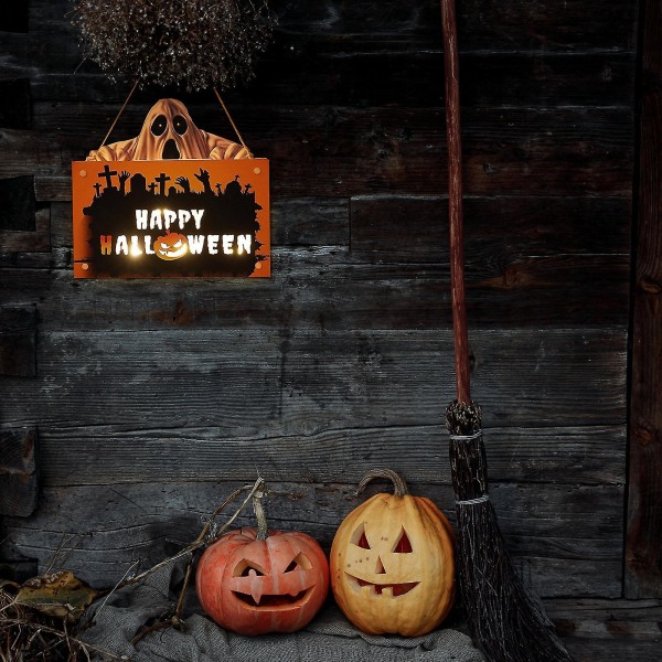 Halloween LED -kyltti, puinen sisustus, koristeellinen laatta, kurpitsalyhty, festivaalitarvikkeet, koriste, luova riippuva koriste G