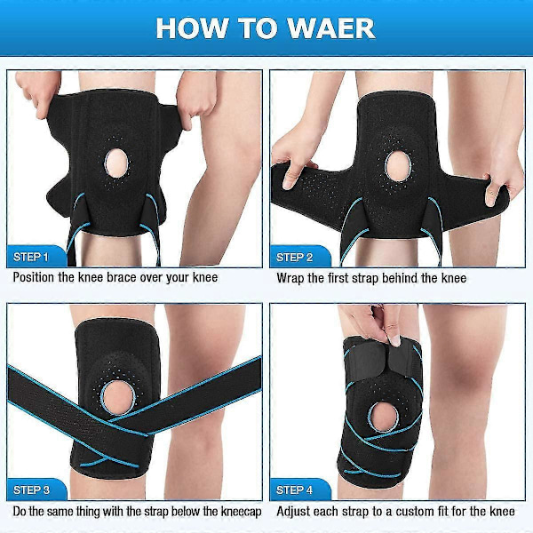 Knästöd med öppen patella, gelkuddar, knäskydd med sidostabilisatorer, justerbart och ventilerande