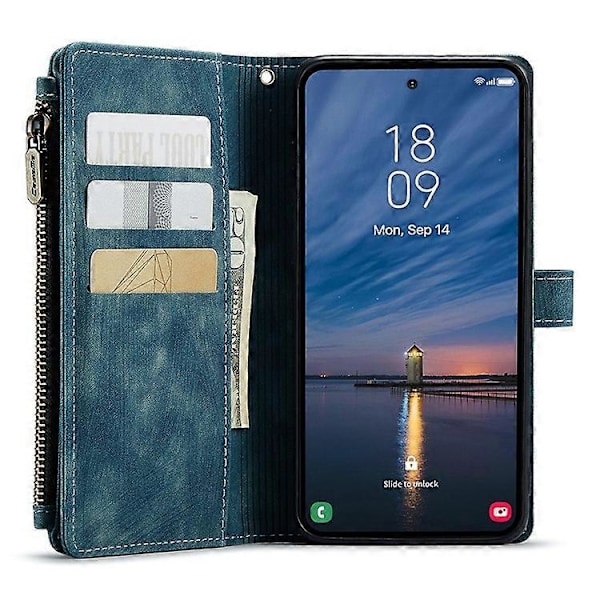CASEME C30-serien Kompatibel med Samsung Galaxy A55 5G Deksel Glidelås Skinn Telefondeksel med 10 Kortspor Blue