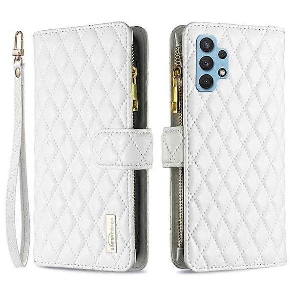 BINFEN COLOR Kompatibel med Samsung Galaxy A32 4G (EU Version) BF Style-15 Rombmönster Präglat Skyddsfodral med Dragkedja P White