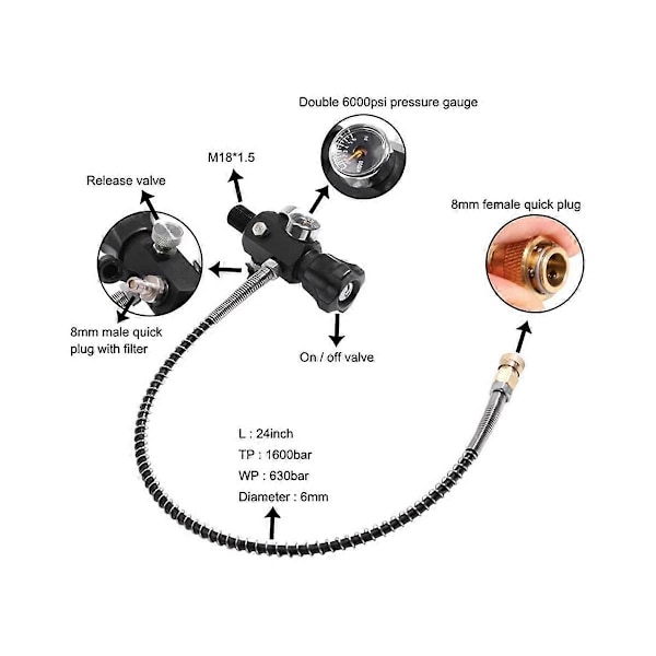 M18X1.5 DIN Ventil Scuba Adapter, Scuba Tank Ventil 4500Psi Arbeidstrykk med Slange for Lufttank