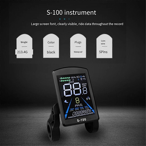 Elektrisk Cykel Display S-100 LCD Display Kontrol 24V - 72V Hastighedsmåler 5pin Speedometer Vandtæt